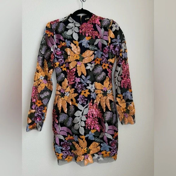 NWT Fashion Nova Ava Long Sleeve Embroidered Mini Dress S Black Floral Bodycon - Picture 4 of 10